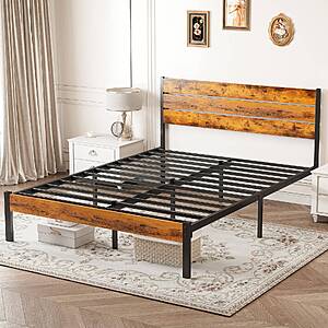 MCQ Wooden Headboard and Metal Platform Bed Frame No Box Spring Needed $38.3 + Free Shipping