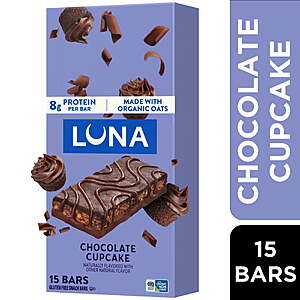 LUNA Chocolate Cupcake Flavor Gluten Free Snack Bars, Protein Bars, 15ct $18.75