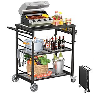 34" Ciokea 3-Shelf Folding Metal Outdoor Grill Cart w/ Locking Wheels $68.89 + Free Shipping