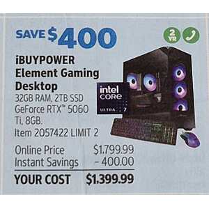 iBUYPOWER Element Gaming PC Desktop — Intel Core Ultra 7 265F — NVIDIA GeForce RTX 5060 Ti 8GB — 32GB DDR5 RAM — 2TB NVMe SSD $1399.99
