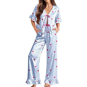 Ekouaer Womens Silk Pajama Sets 2 Piece Ruffle Satin Pj Set Cute Lounge Set $10.99