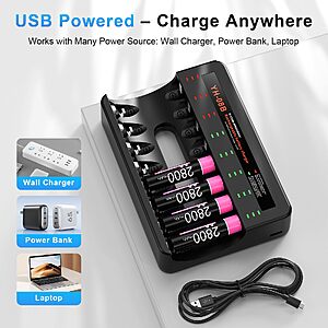 BOANV 8PCS 2800mAh Rechargeable AA Batteries with LED Lights Charger | Amazon Prime members only for $9.99