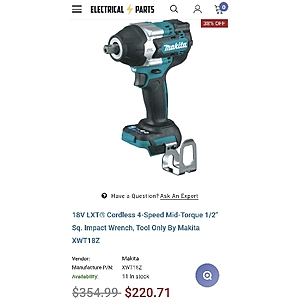 Makita XWT18Z 18V LXT Cordless 4-Speed Mid-Torque 1/2" Sq. Impact Wrench, Tool Only, electricalparts.com