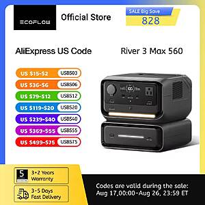ECOFLOW River 3 Max 560 Portable Power Station, Extra Battery EB300 and River 3 Plus 270 $314.50 + Free Shipping