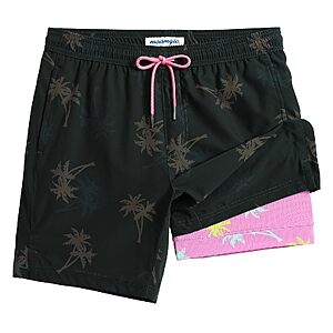 maamgic Mens Swim Trunks with Compression Liner 7 Inch Inseam Mens Bathing Suit Quick Dry Swimming Trunks Swimsuit Palmtree Black Pink Large $11.99