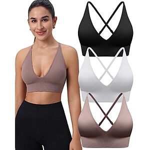 Women's V Neck Sports Bras, Adjustable Seamless Wireless Padded Bralettes, A-D Cup, 2 Way Back $24.79