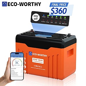 ECO-WORTHY 2560Wh 24V 100AH LiFePO4 Lithium Battery With SOC Display and Bluetooth $360 + Free Shipping