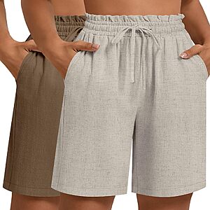 Ficerd 2 Pack Plus Size Linen Bermuda Shorts for Women Drawstring High Waisted Casual Ruffle Long Shorts with Pocket (Brown, Linen,4X-Large) $8.99