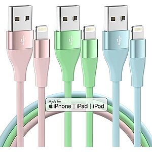 3-Pack 10' MenoSupp MFi Certified Lightning Cable (Pink, Green and Blue) $3.99 + Free Shipping w/ Prime or on $35+