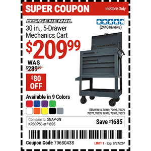 Harbor Freight coupon, U.S. GENERAL 30 in., 5-Drawer Mechanics Cart for $209.99