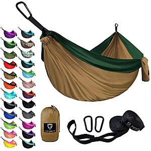 Gold Armour Camping Hammock - XL Double Hammock Portable Hammock Camping Accessories Gear for Outdoor Indoor with Tree Straps, USA Based Brand (Khaki and Dark Green)