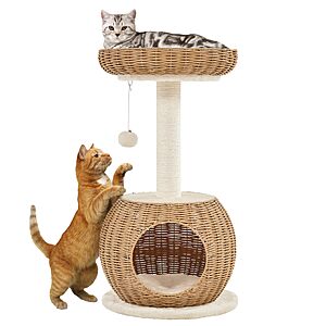 Yaheetech Small Boho Cat Tree w/Woven Rattan Perch and Scratching Post $62.03