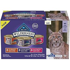 24-Count 5.5-Oz Blue Buffalo Wilderness High Protein Grain-Free Adult Paté Wet Cat Food (Chicken, Salmon & Turkey Variety) $24 w/ S&S + Free Shipping w/ Prime or on $35+