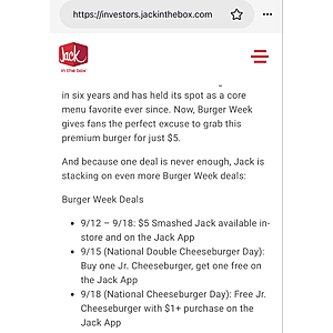 National Cheeseburger Day 9/18: Jack in the Box Free Jr Cheeseburger w $1 app purch