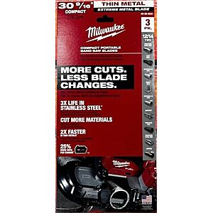 $18.59* | 3-Pack Milwaukee 30-9/16" 12/14 TPI Compact Extreme Thick Metal Band Saw Blade at Amazon