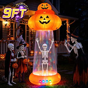 BSHAPPLUS® 9 ft Halloween Pumpkin UFO Inflatable,Walk-in Inflatable Yard Decor with Levitating Cow,Built-in LED Lights,19.7ft Extra-Long Power Cord $64.99
