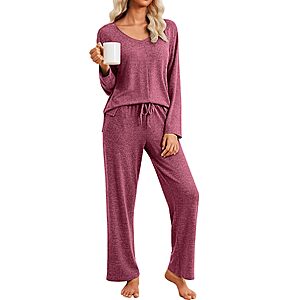 Ekouaer Fall Pajamas for Women Set Long Sleeve V Neck 2 Piece Lounge Sets $12.99