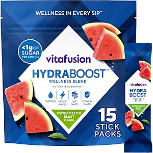 15-Count Vitafusion Hydraboost Wellness Drink Powder Packets (Watermelon Blast) $4.75 w/ S&S + Free Shipping w/ Prime or on $35+
