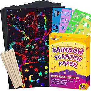 100-Piece FUNNYB&G Kids' Rainbow Scratch Paper Art Kit w/ Wooden Stylus & Drawing Stencils $4.99 + Free Shipping w/ Prime or on $35+