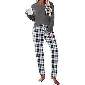 Ekouaer Women's Long-Sleeve Pajama Set w/ Pocket Shirt & Joggers (Various Colors) $10 + Free Shipping w/ Prime or on $35+
