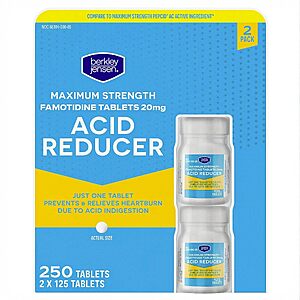 2-Pack 125-Count Berkley Jensen Maximum Strength Famotidine 20mg Acid Reducer Tablets (250 Tablets) $9.49 w/ S&S + Free Shipping w/ Prime or on $35+
