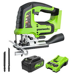 Greenworks 24V Brushless 1" Cordless Jig Saw (3,000 SPM / 4 Settings / LED Light), 4.0Ah USB Battery and Charger Included $79.99