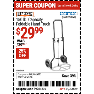 Harbor Freight coupon, FRANKLIN 150 lb. Capacity Foldable Hand Truck, $29.99