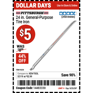 44% off, Harbor Freight, PITTSBURGH 24 in. General-Purpose Tire Iron for $5,
