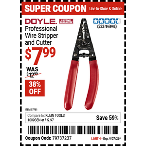 38% off, DOYLE Professional Wire Stripper and Cutter for $7.99, Harbor Freight
