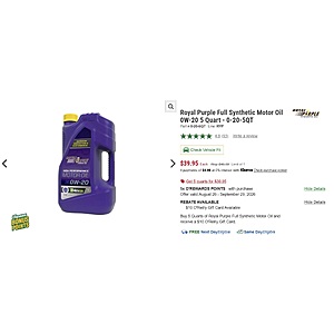 YMMV 5qt 0w-20 Royal Purple for $19.95