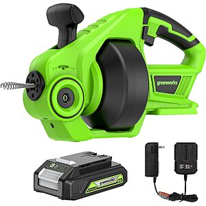 Greenworks 24V Cordless Plumbing Drain Auger / Snake (23-FT / 560 RPM) For Unclogging Sinks, Shower Drains, Toilets 2.0 ah battery and charger included $74.99