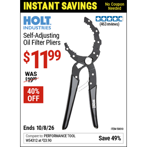 40% off, Harbor Freight, HOLT INDUSTRIES Self-Adjusting Oil Filter Pliers for $11.99