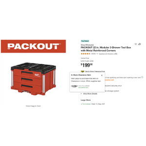 PACKOUT 22 in. Modular 3-Drawer Tool Box with Metal Reinforced Corners 129 YMMV $129.35