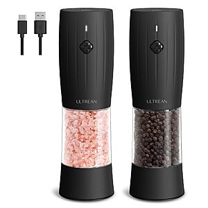 Ultrean Electric, Rechargeable Salt and Pepper Grinder Set, Automatic Salt and Pepper Mill with 6 Adjustable Coarseness Levels, Dual LED Lights, 2 Pack $14.99 AC