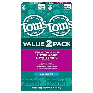 [SnS, AC] $37.30 | 5 × 2-Pack 5.5-Oz Tom's of Maine Fluoride-Free Antiplaque & Whitening Natural Toothpaste (Peppermint) ($7.46 each) at Amazon ($3.73 each)