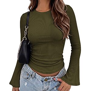 Zeagoo Long Sleeve T Shirts for Women Casual Fall Ribbed Tops Army Green $5.99