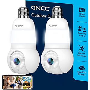 Prime: GNCC 2K Light Bulb Security Camera 2-Pack Outdoor WiFi Pan/Tilt $55.98 + Free Shipping