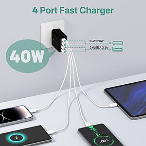 USB C Wall Charger, 40W 4-Port USB C Charger Block, Fast Charging Block Dual Port PD+QC Wall Plug Multiport Type C $4.99