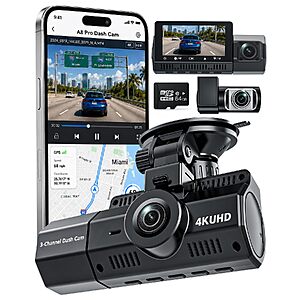 Eivikga 3 Channel Dash Cam, 4K+2.5K+2.5K, WiFi GPS, for Rideshare and Taxi $56.99