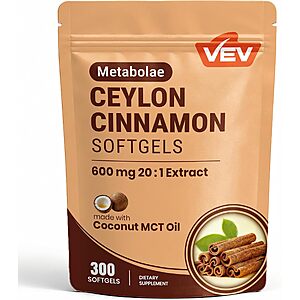 300-Count VEV 20:1 Ceylon Cinnamon Extract Softgels w/ MCT Oil & Ginger $7.80 w/ S&S + Free Shipping w/ Prime or on $35+