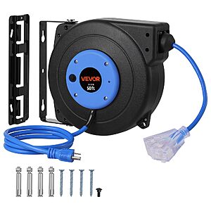 VEVOR 50FT Retractable Extension Cord Reel, 14AWG/3C SJTOW Heavy Duty Power Cord w/Lighted Electrical Triple Tap Outlets, 13A Circuit Breaker,180° Swivel Bracket $68.9