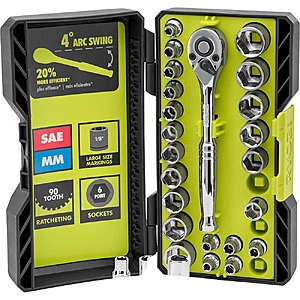 RYOBI 26-Piece 1/4 in. Drive Standard (SAE) and Metric Mechanics Ratchet Set and Socket Set $19.97