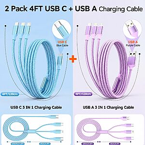$4 ac AMAZON 3 in 1 Charging Cable,Multi Charger Cable 12w USB Phone Multiple Charger Cord