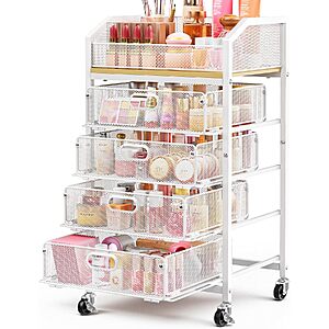 SUNALLY Metal 5-Tier Open Top 26.85"H Rolling Makeup Cart w/ 4 Mesh Drawers (White or Black) $26.49 + Free Shipping
