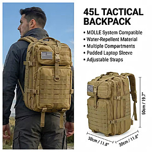 45L Backpack for Hiking / Camping / Bugout, Molle System, Water Resistant; free s&h $19