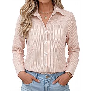 Kistore Womens Long Sleeve Striped Soft Button Up Collared Shirt $12.99 AC