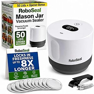 $24.97* | Roboseal Electric Mason Jar Vacuum Sealer Kit with 50 Lids, Jar Opener at Amazon