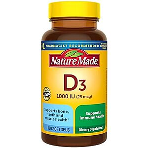 [SnS, AC] $2.88 | 100-Count Nature Made Vitamin D3 1000 IU / 25 mcg Softgels (100 Day Supply) at Amazon