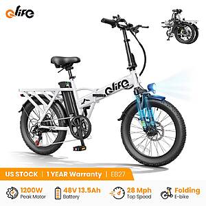 Qlife Hunter 20in 500W / 1200W (peak) Foldable Electric Bike 48V 13.5Ah 28mph Foldable 20x3in All-Terrain Fat Tires, Integrated Headlight & Taillight $346 + Free S/H