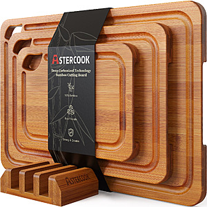 Astercook 4-Piece Bamboo Cutting Board Set w/ Holder & Juice Grooves $23.99 + Free Shipping w/ Walmart+ or on $35+